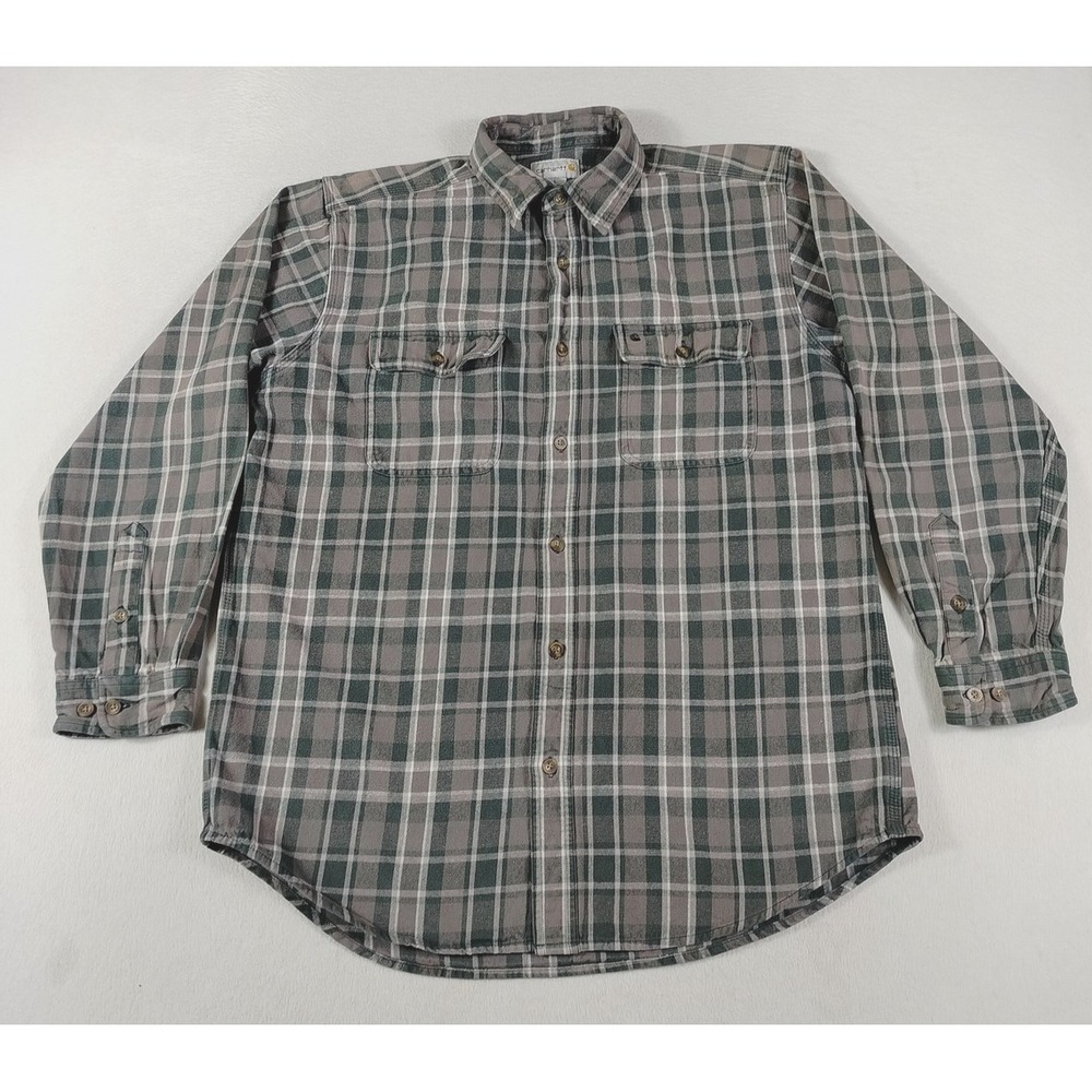 Carhartt Flannel Shirt Mens Large Green Plaid Heavy Weight Workwear Cabincore